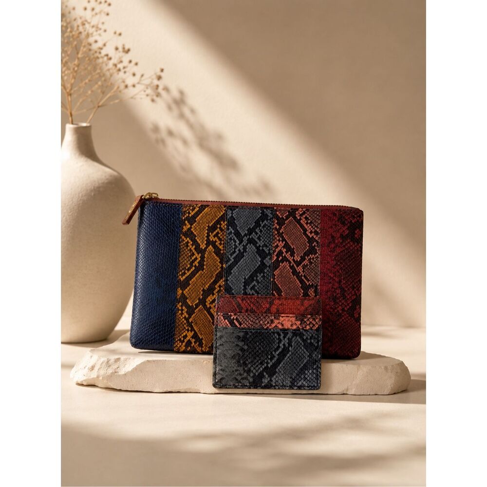 NWOT Madewell Multicolor Snakeskin Leather Pouch & Card Holder Set Colorblock Py